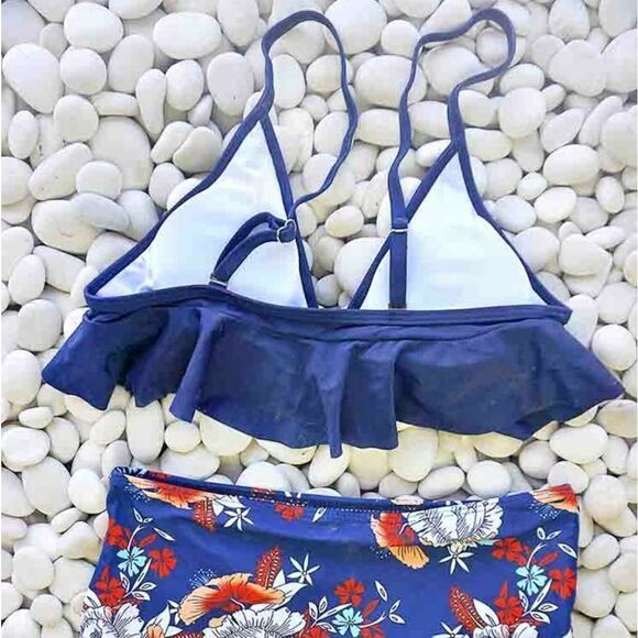 NWT: High Waist Navy & Floral Ruffle Two Piece Bikini - Picture 4 of 11